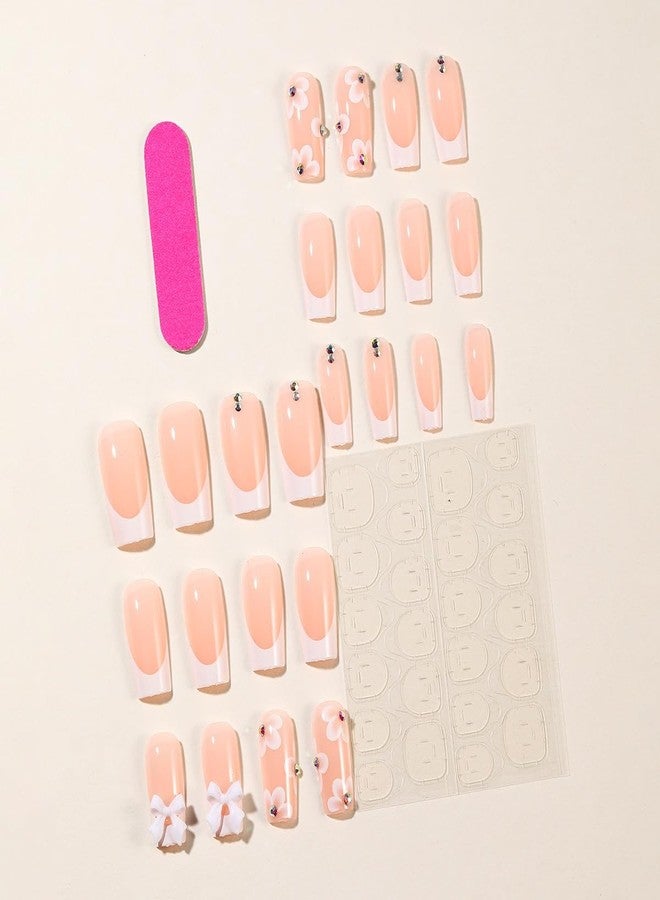 CTTHNBD Medium Press on Nails Square Fake Nails White French Tip with Floral Bow Design Glue on Glossy Acrylic Full Cover Stick on False Nails for Women 24Pcs - Image 3